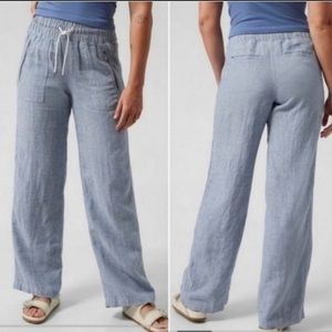 Athleta CABO 100% Linen Wide Leg Pant Light Blue Elastic Drawstring Waist Sz: 10